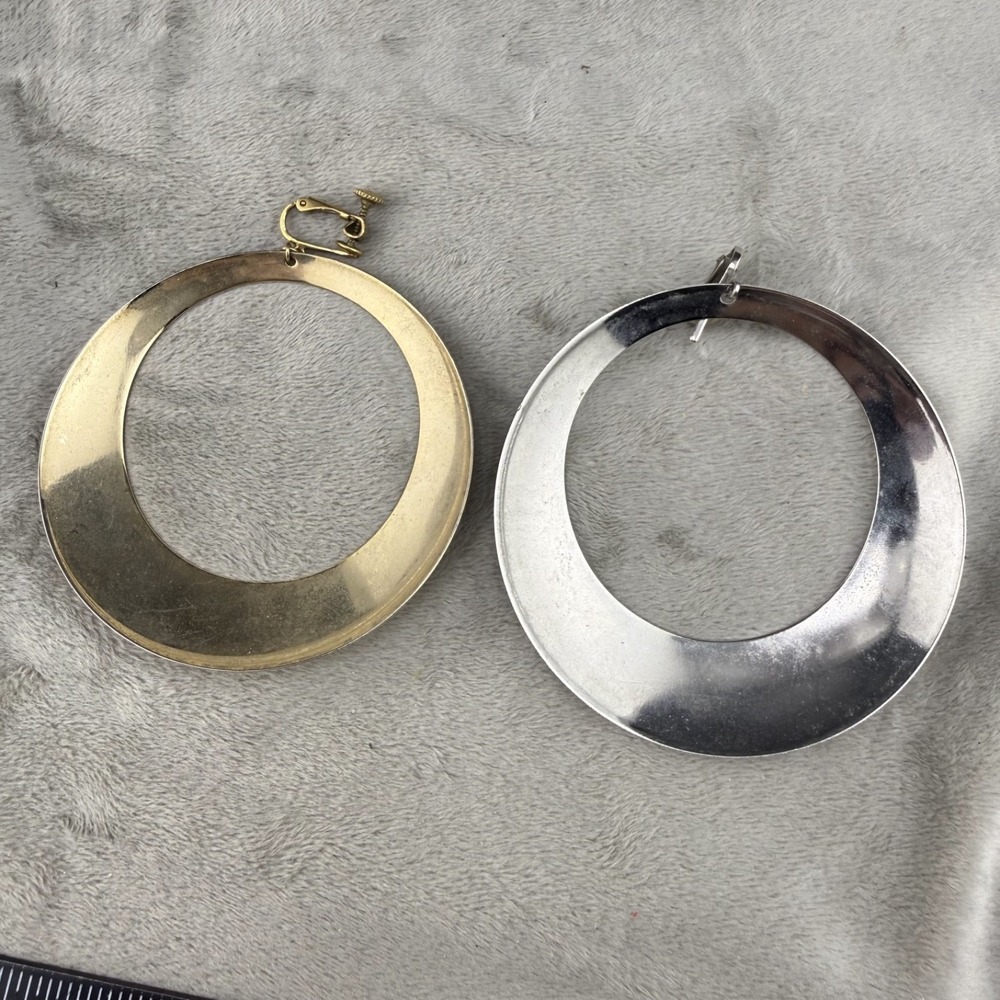 Vintage Estate Hoop Earrings Silver and Gold Tone Clip On Retro Large